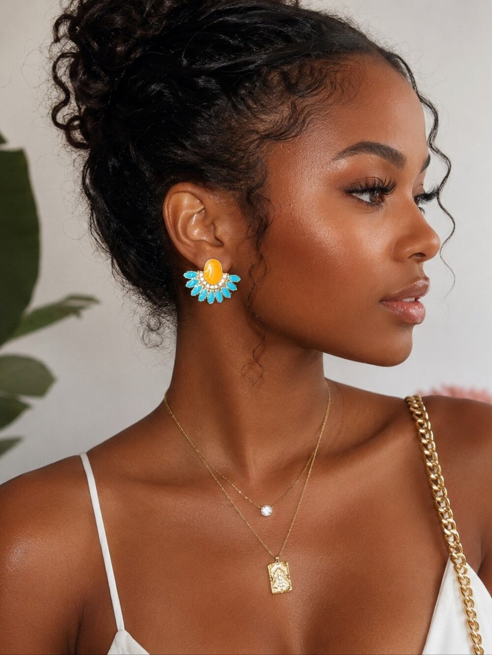 Turquoise & Orange Rhinestone Statement Stud Earrings